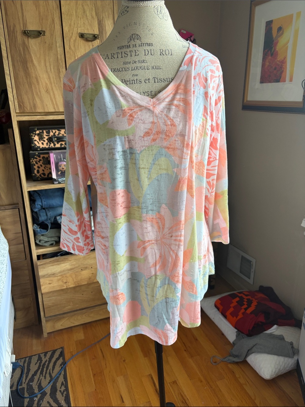 Whimsy Rose Floral V-Neck 3/4 Sleeve Top - Peach Multi - XL
